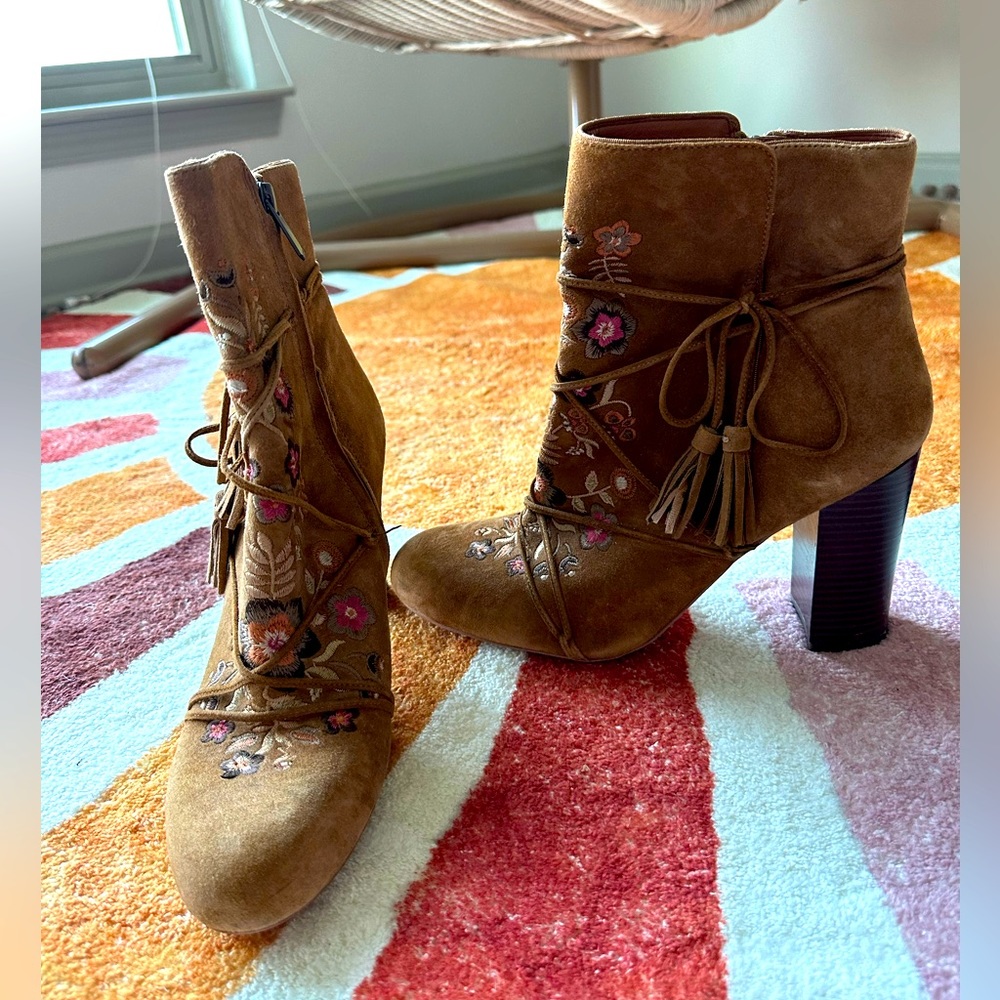 Sam Edelman Brown Ankle Boots with Floral Embroidery